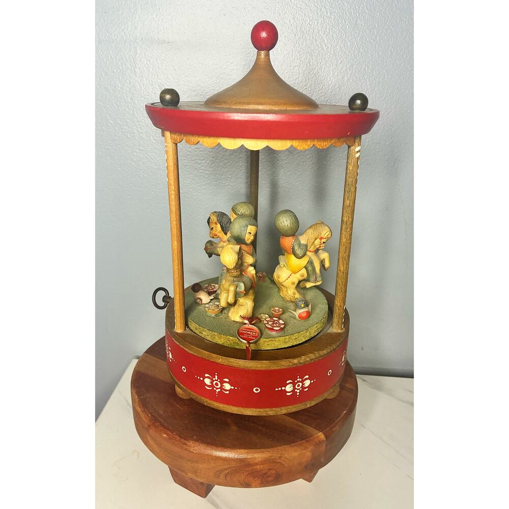 Vintage Thorens Swiss Carousel Music Box Spinning Wheel Wooden Horses